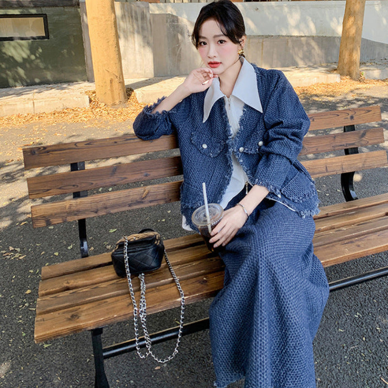 デニムジャケットスカートスーツ×ブラウス3点セット