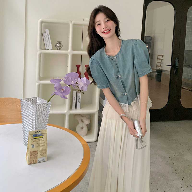 デニムブラウス×シフォンロングスカート