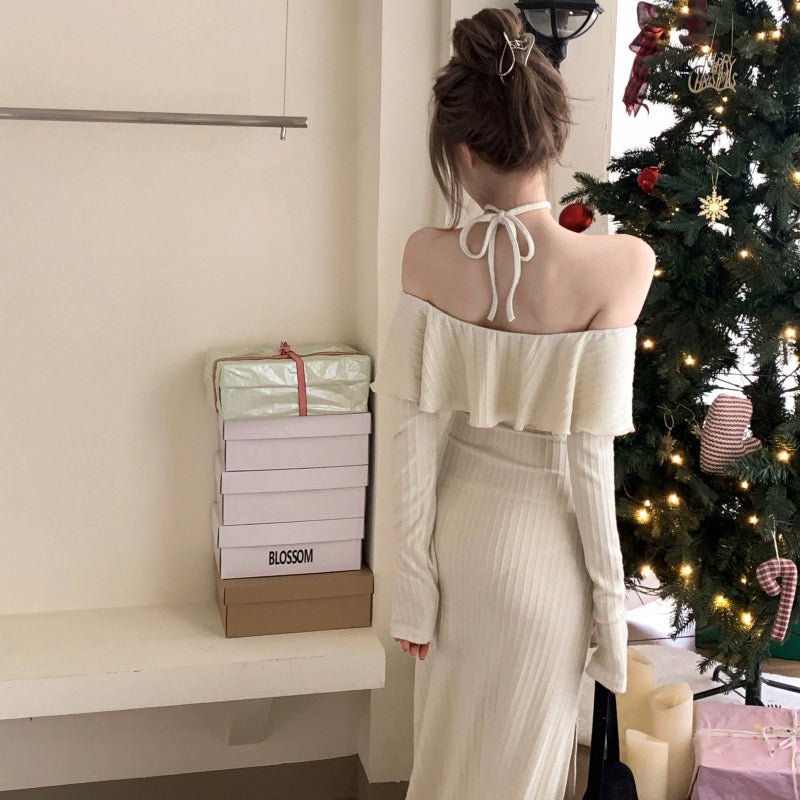 フェミニンオフショルダーリボンフリルスリットドレス