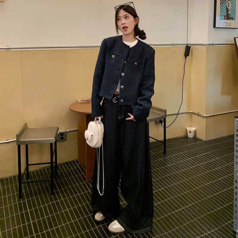 ノーカラーネイビーツイードジャケット