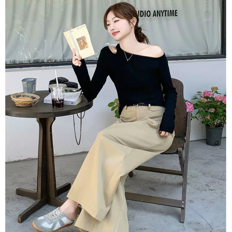 オフショルダーカットソー×ワイドレッグパンツコーデセット