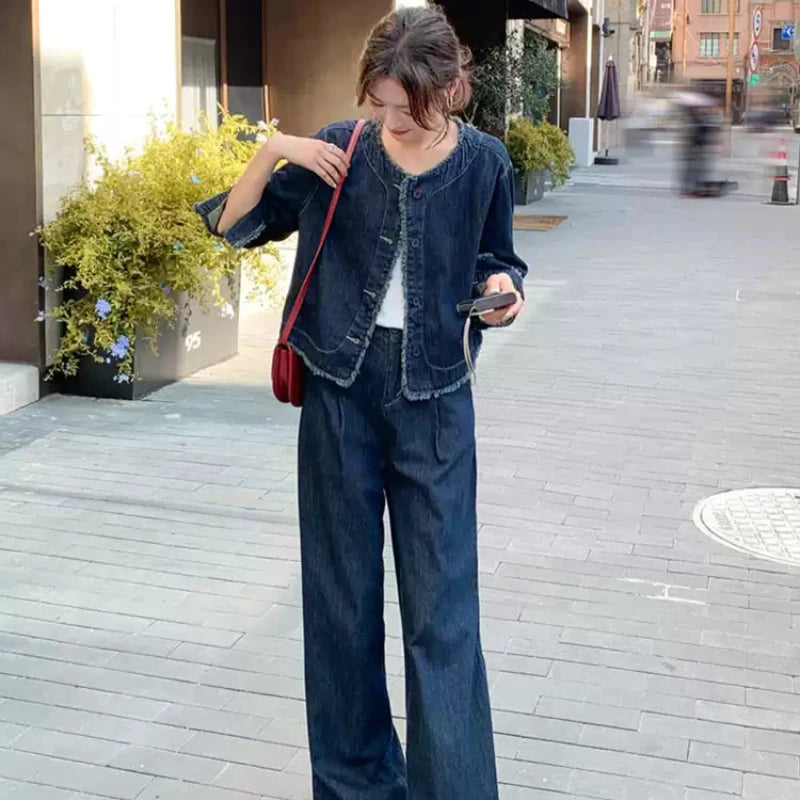 【即納】タッセルデニムジャケット×ワイドパンツセットアップ