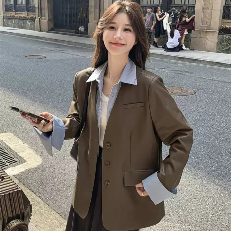 ノーカラーVラインPUレザージャケット