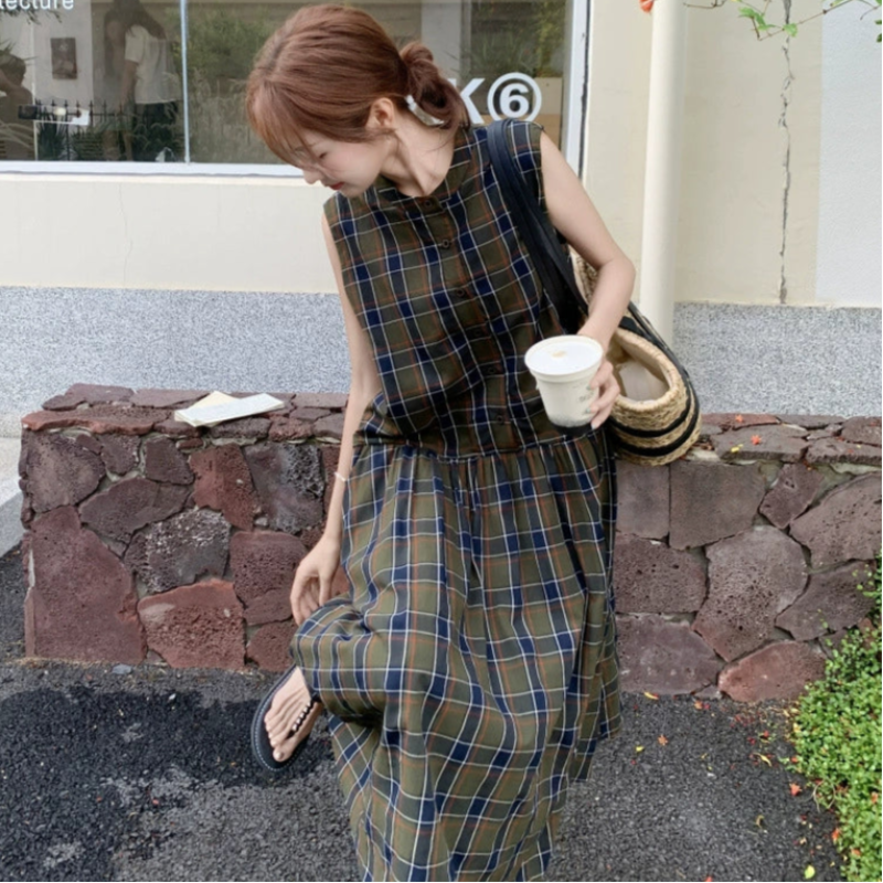 ブラウンチェックノースリーブワンピース