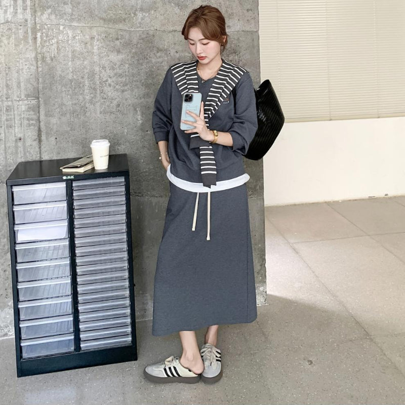 ボーダーショール付きスウェット×スカートセットアップ(2colors)