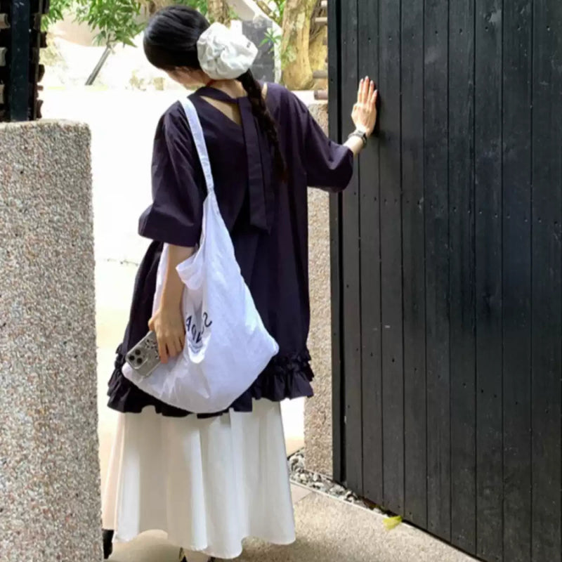 ネイビー5分袖ショート丈フリルワンピース