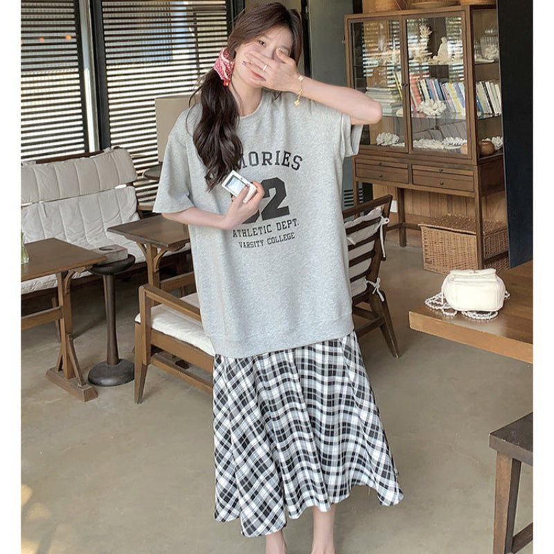Tシャツ×チェックスカートドッキングワンピース