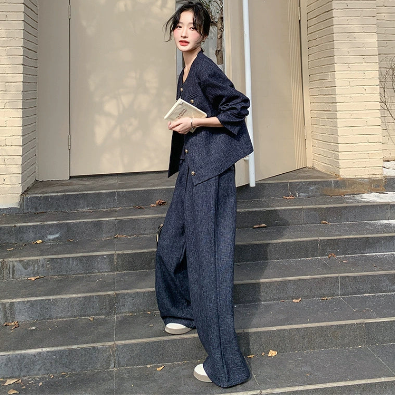 ノーカラージャケット×ワイドパンツセット