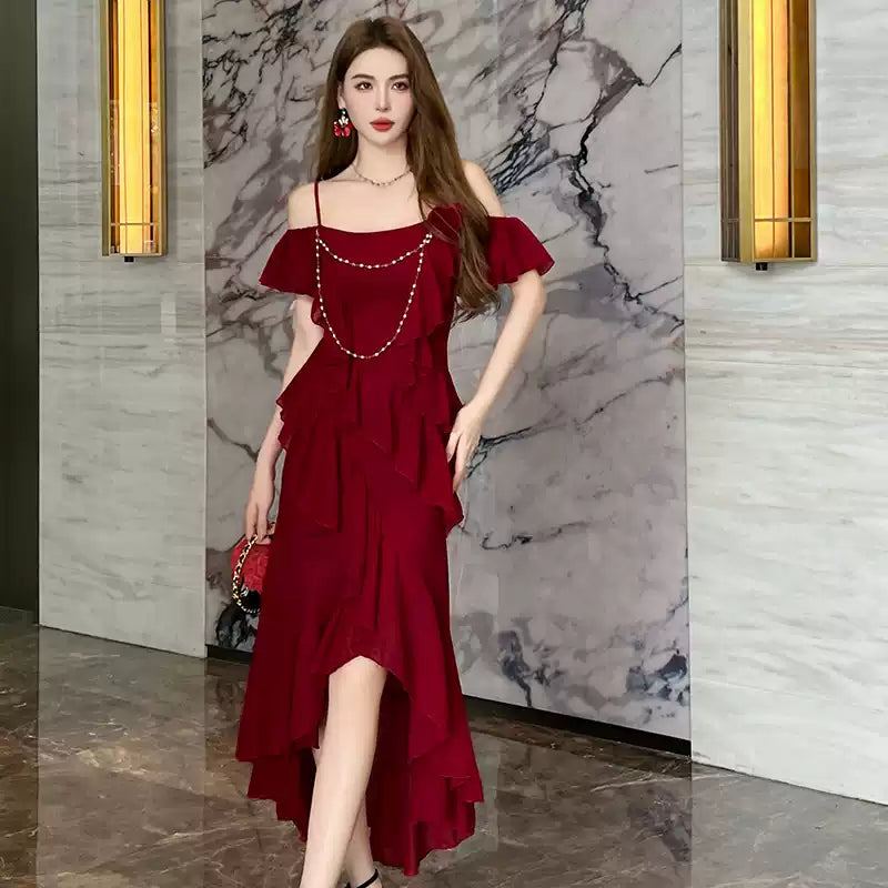 ダークレッドフリルデザインドレス