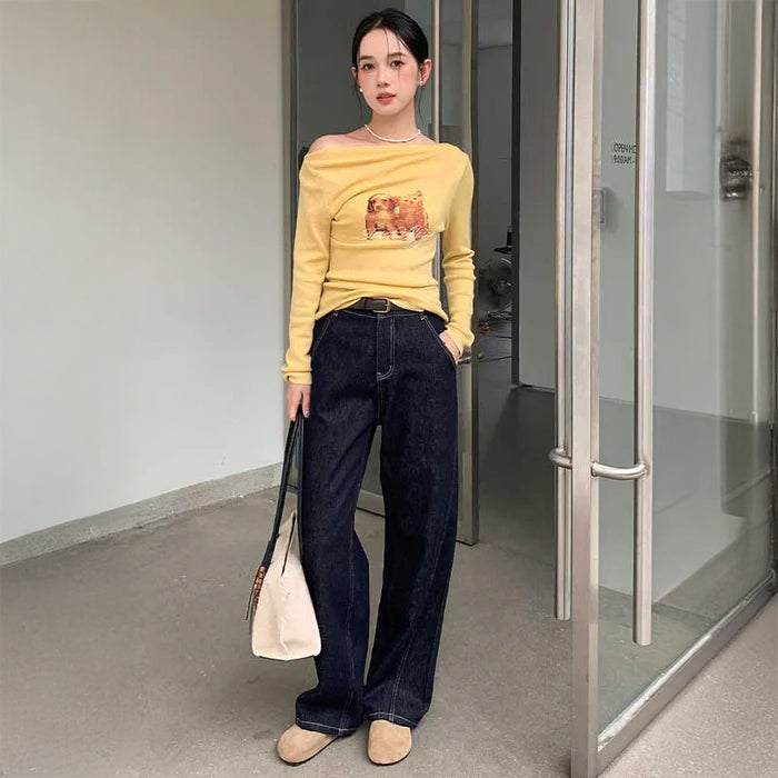 ハイウエストワイドストレートデニムパンツ