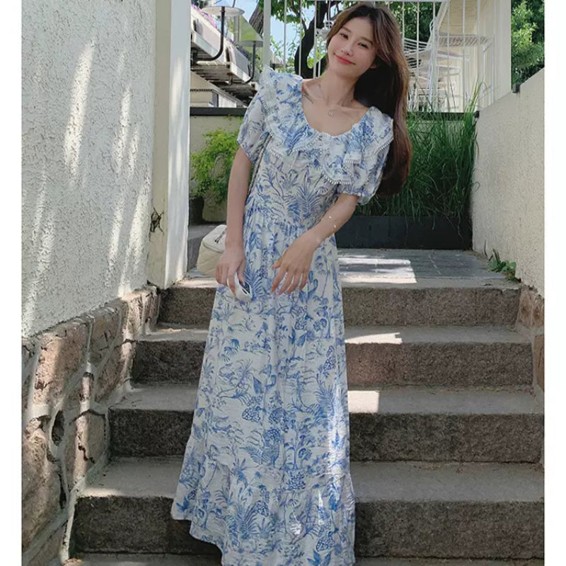 ラッフルカラーボタニカルプリントワンピ