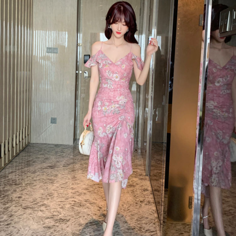 シフォンフラワープリントドレス