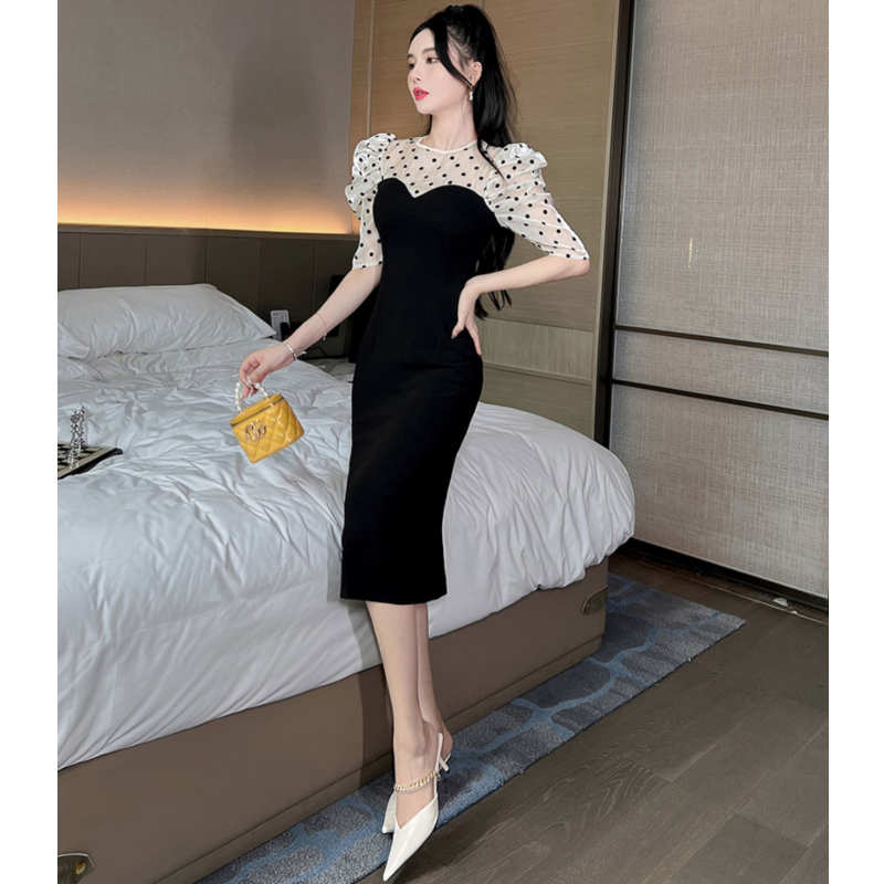 シャイニーポルカドットブラウスコンビビスチェワンピース