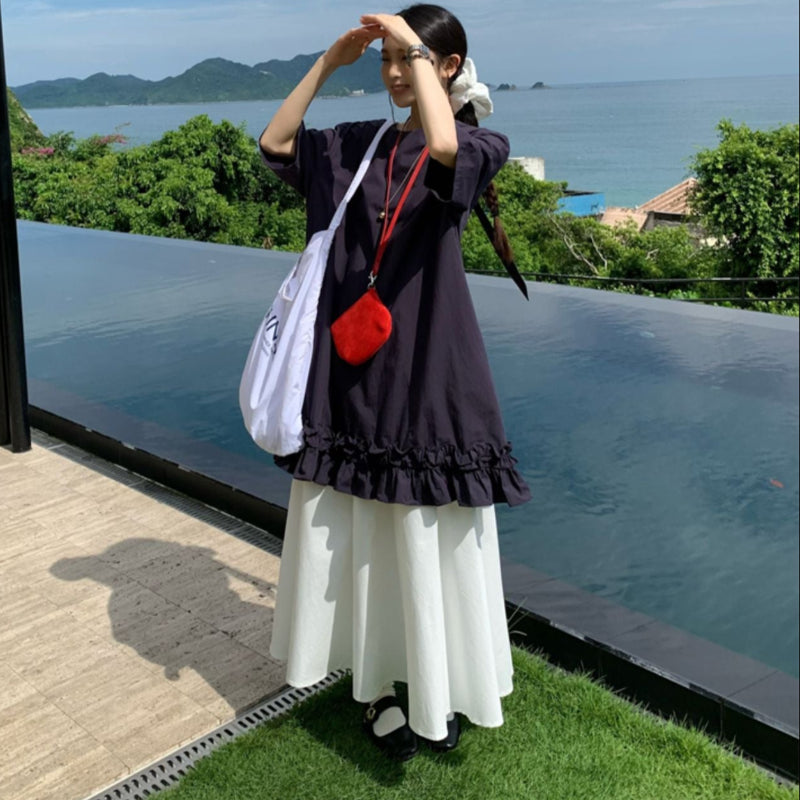 ネイビー5分袖ショート丈フリルワンピース