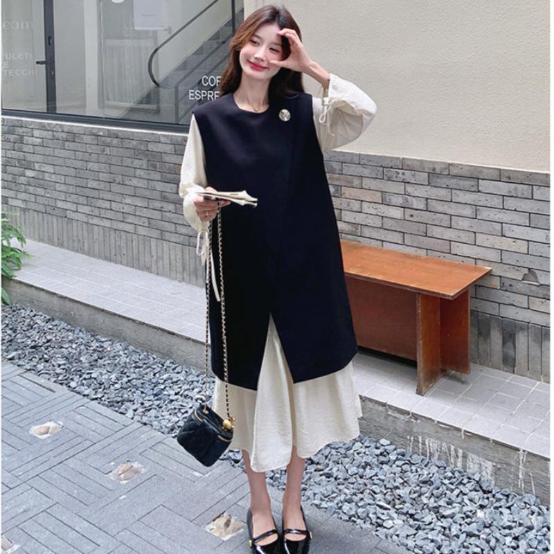 ロングベスト×ワンピースレイヤードセット(黒/白)秋/冬/春 大人可愛い  