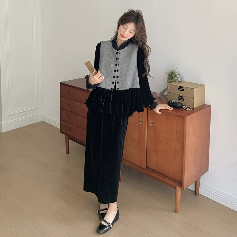 エレガンスベルベットベスト×トップス×スカート3点セット