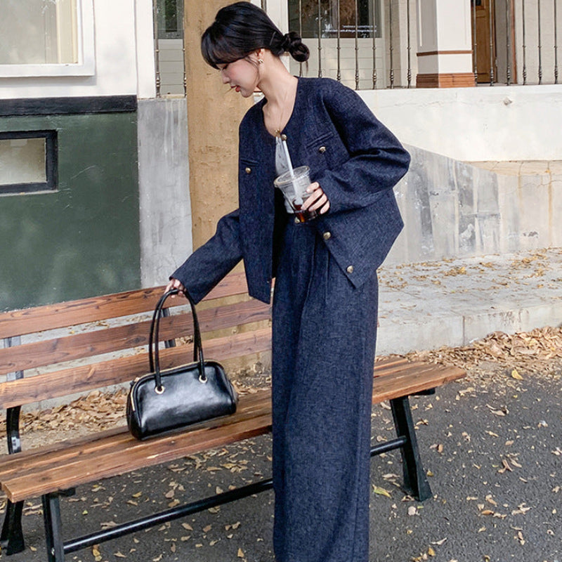 ノーカラージャケット×ワイドパンツセット