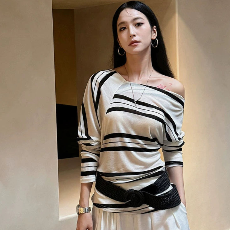 アシメストライプストライプオフショルダートップス(2colors)