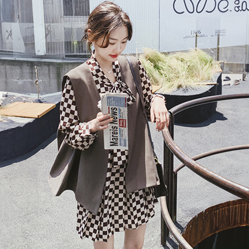 チェック柄ワンピース×ベストセット