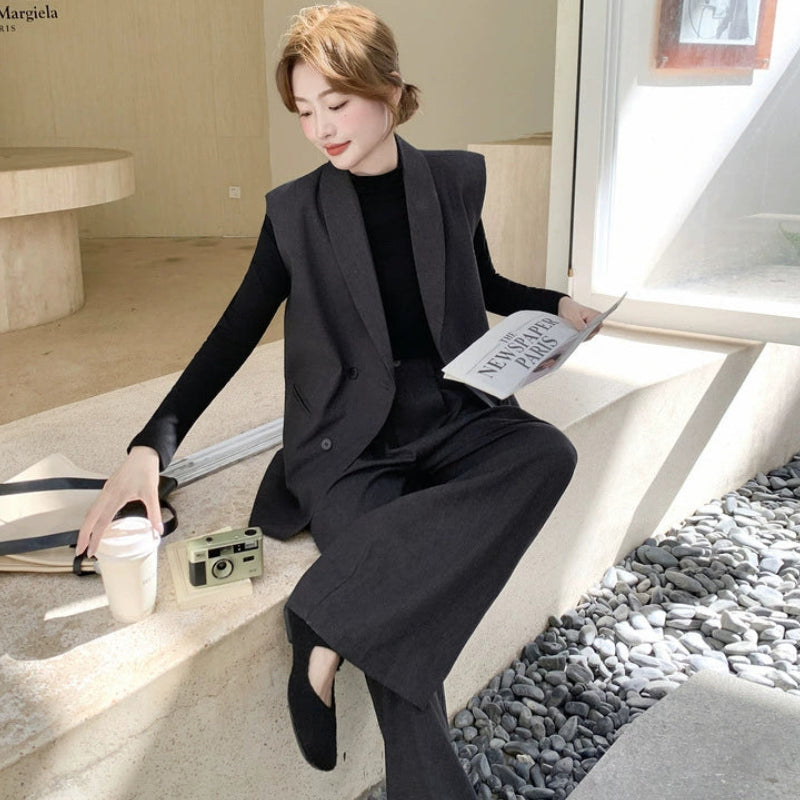 スリーブレスジャケット×トップス×ワイドパンツ3点セット