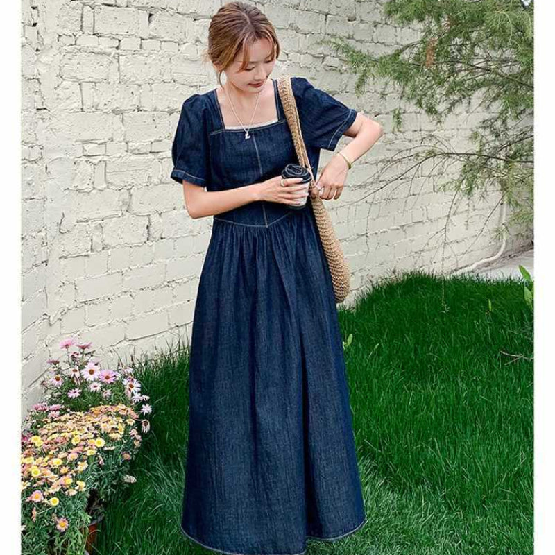 スクエアネックマキシ丈デニムワンピース