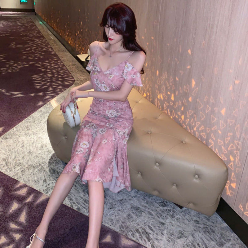 シフォンフラワープリントドレス