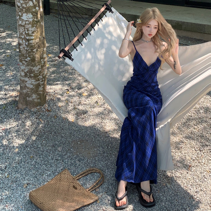 ブルーチェック Vネック バックレスキャミワンピース
