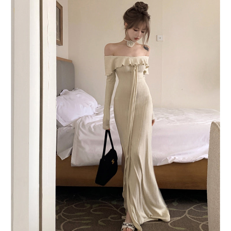 フェミニンオフショルダーリボンフリルスリットドレス