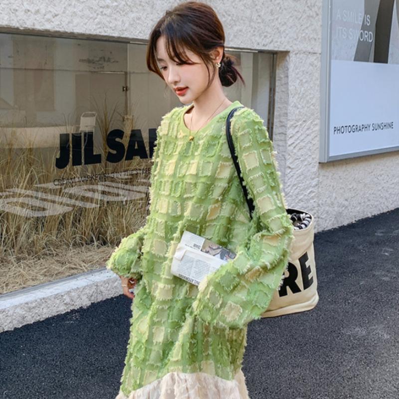 グリーンエンボスチェックワンピース