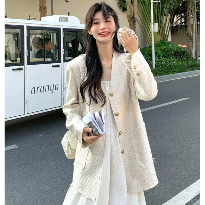 エレガントノーカラーツイードジャケット(3colors)