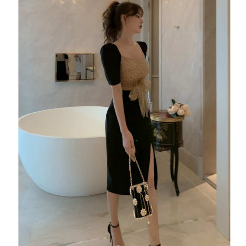 ドットチュールコンビスリットタイトワンピース