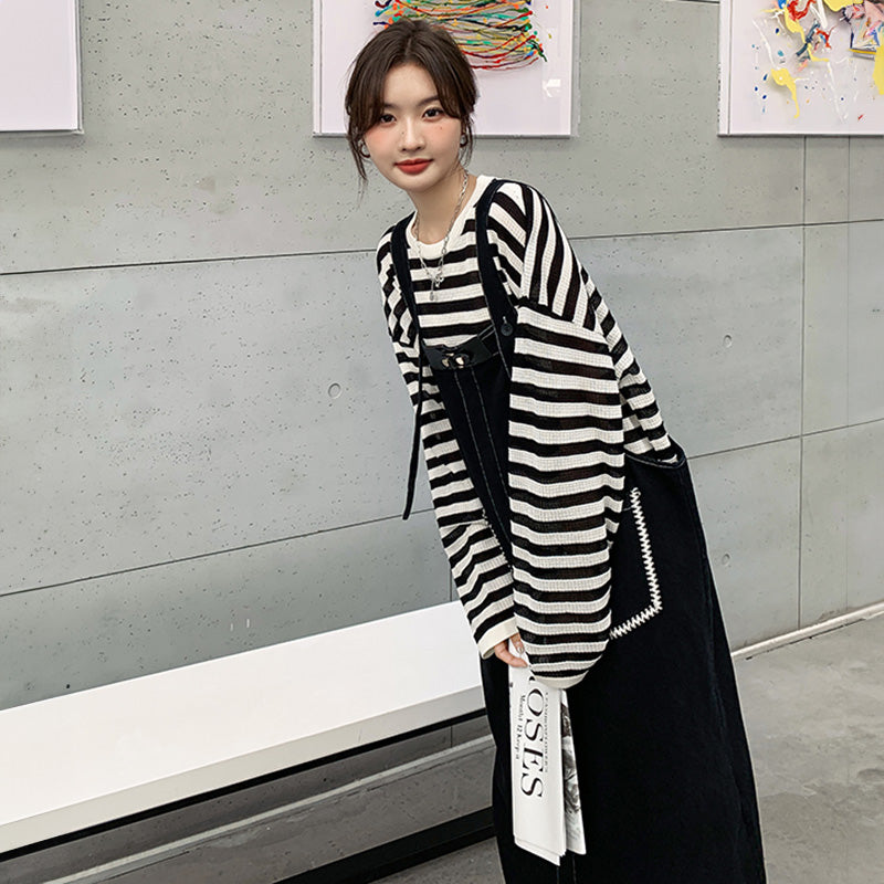 カジュアルボーダートップス×デニムサロペットワンピースセット