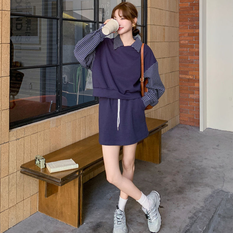 ブルーチェックレイヤードスウェットスカートセット