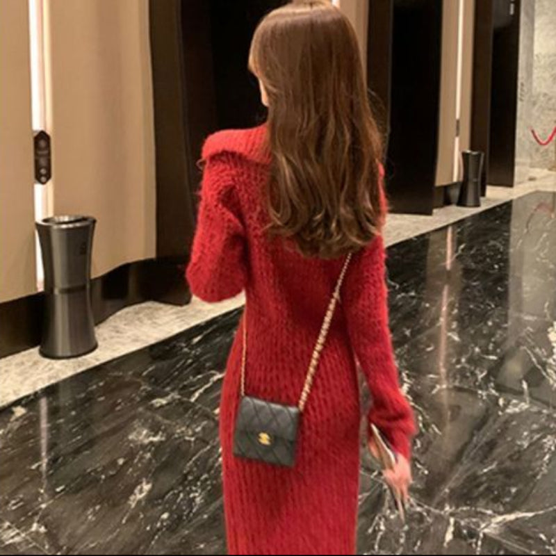 レッドカラースリムニットワンピース