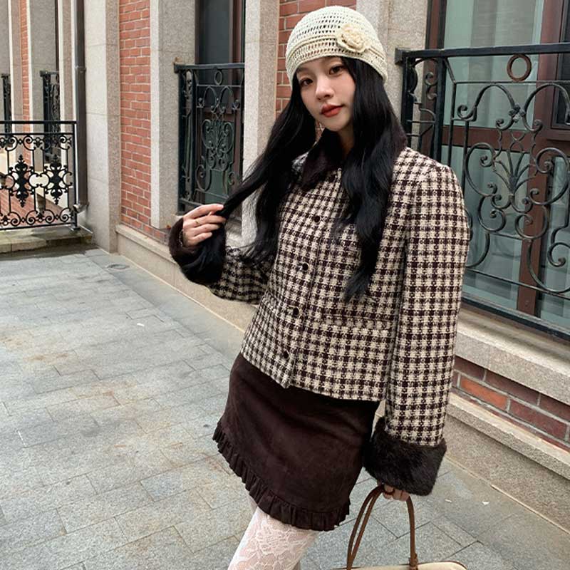 ファーカフスチェックショートコート