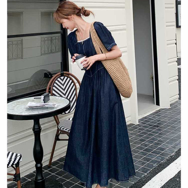 スクエアネックマキシ丈デニムワンピース