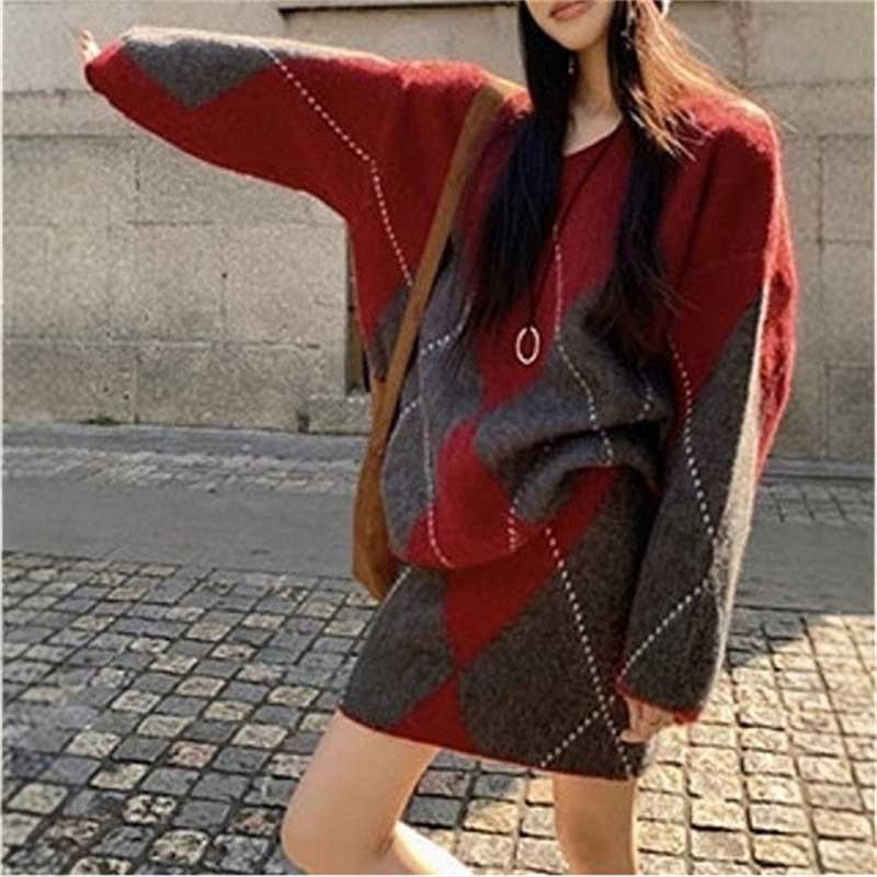 アーガイル柄ニットセットアップ(2colors)