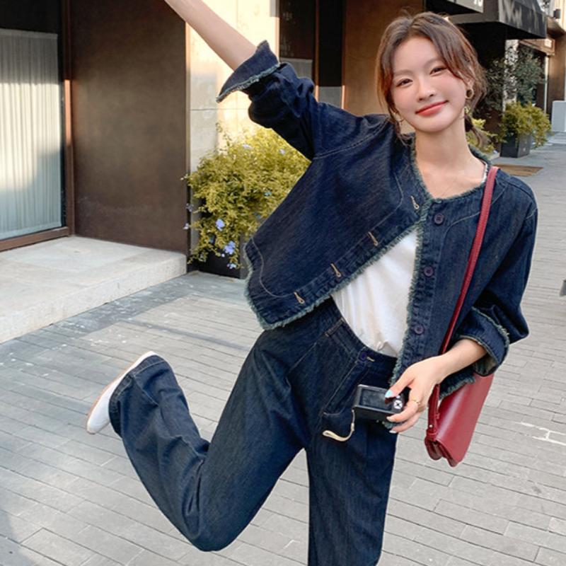 【即納】タッセルデニムジャケット×ワイドパンツセットアップ