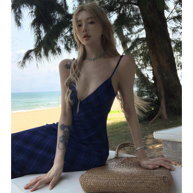 ブルーチェック Vネック バックレスキャミワンピース