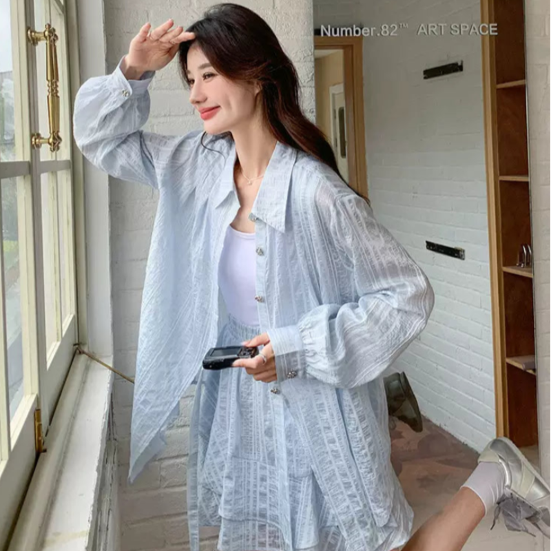 ライトブルーストライプシャツ×パンツセット