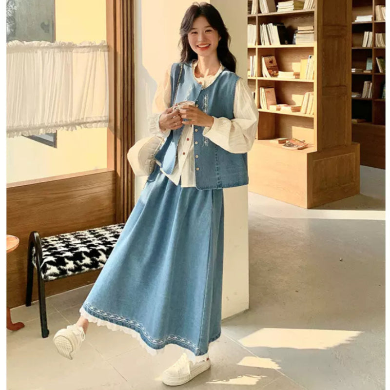 ホワイトブラウス×デニムベスト×スカートスリーピースセット