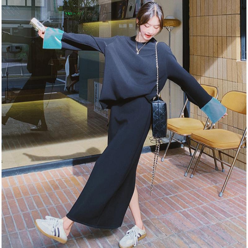 スウェットバイカラートップス×スカートセット