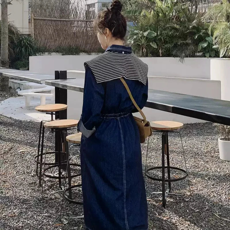 ストライプスカーフ付きデニムワンピース