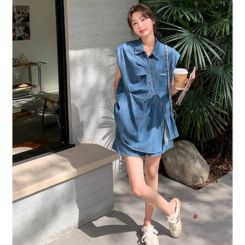 デニムノースリーブシャツ×ショートパンツセット
