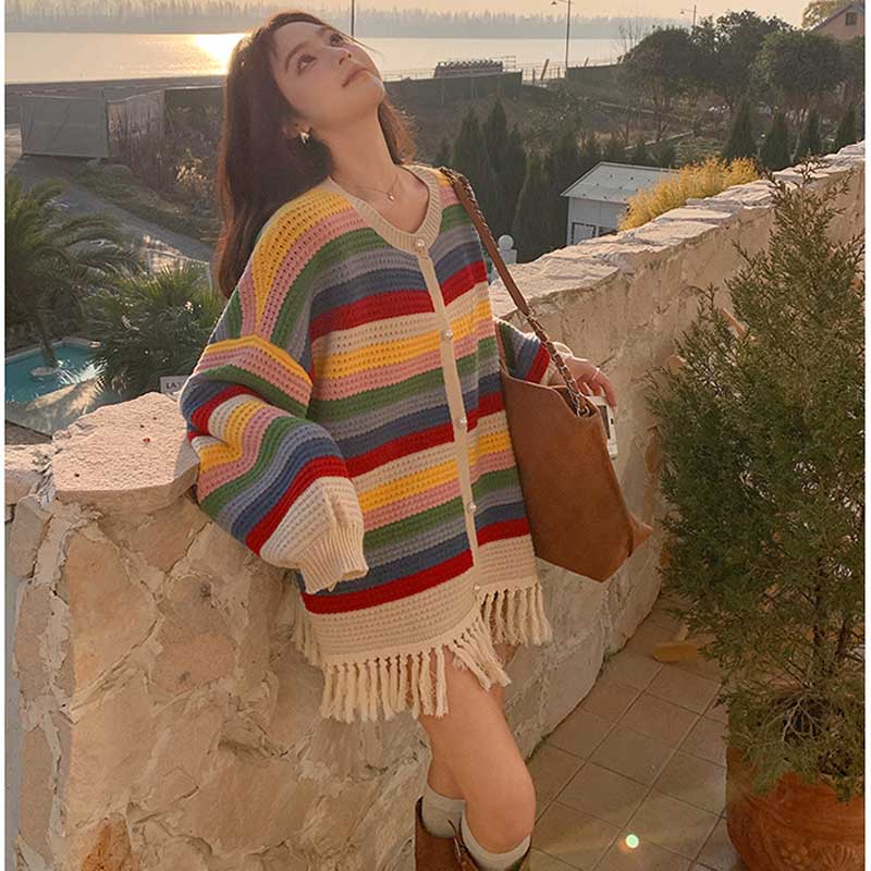 マルチボーダーフリンジカーディガン