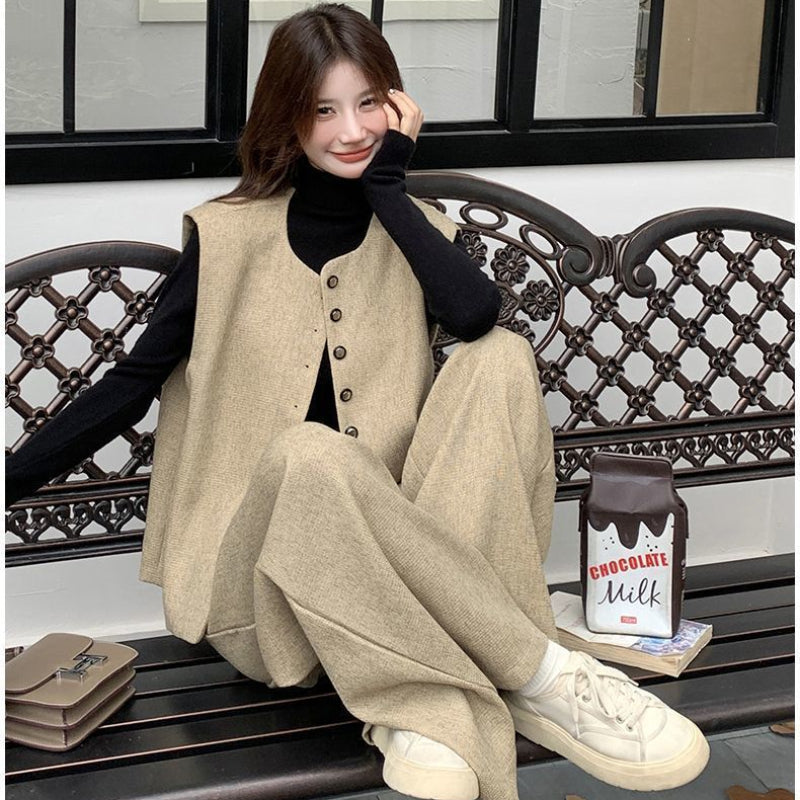 フロントボタンベスト×ワイドパンツセット