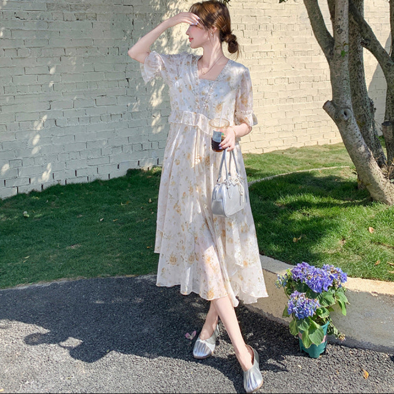 小花柄ハーフスリーブシフォンワンピース