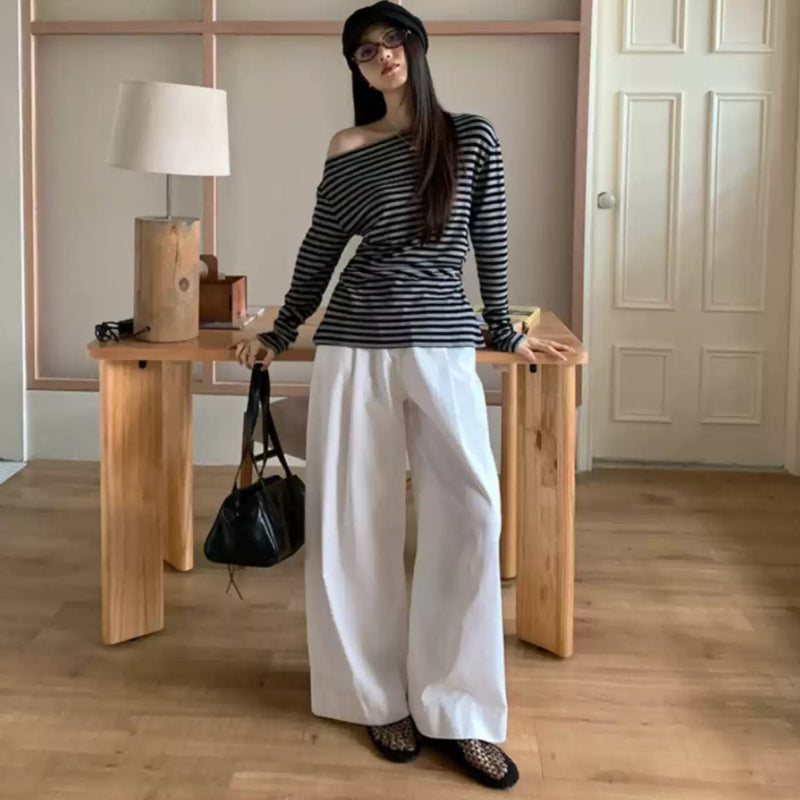 オフショルダーボーダーロングTシャツ