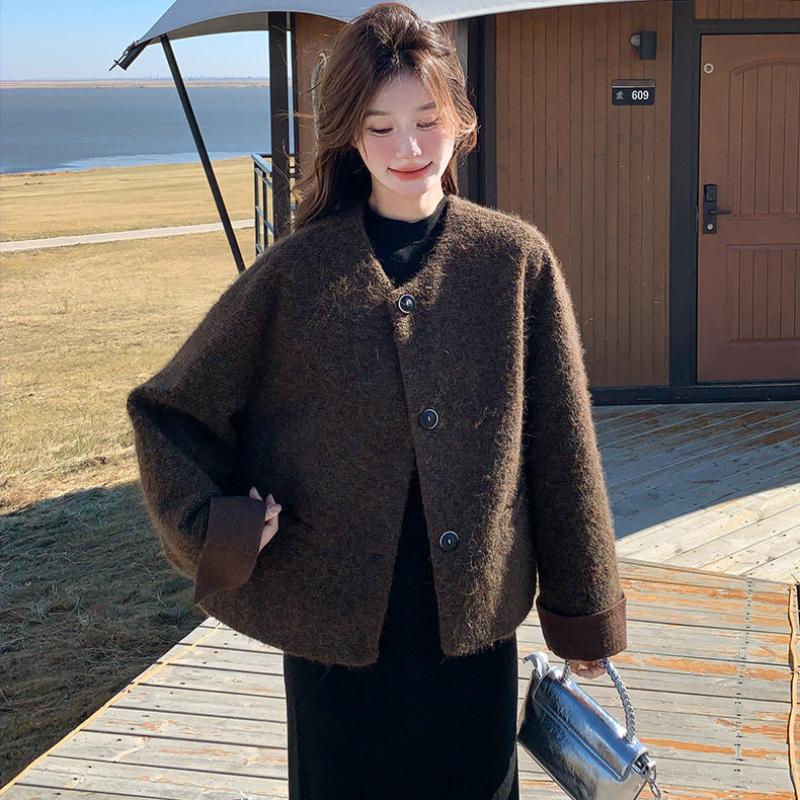 ノーカラーウールショートコート