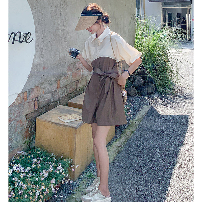 バイカラーウエストリボン ショートオールインワン